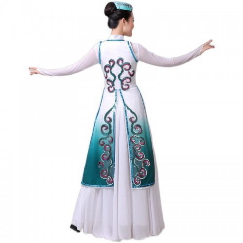 Women girls  green blue gradient Chinese folk dance costume Xinjiang dance dress female Uighur minority style dance big swing skirt for woman